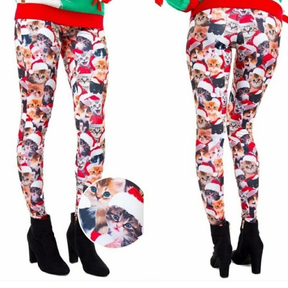 Tipsy Elves Womens CAT SANTA Hat Christmas Leggings Meow FUNNY UGLY XMAS PANT XL